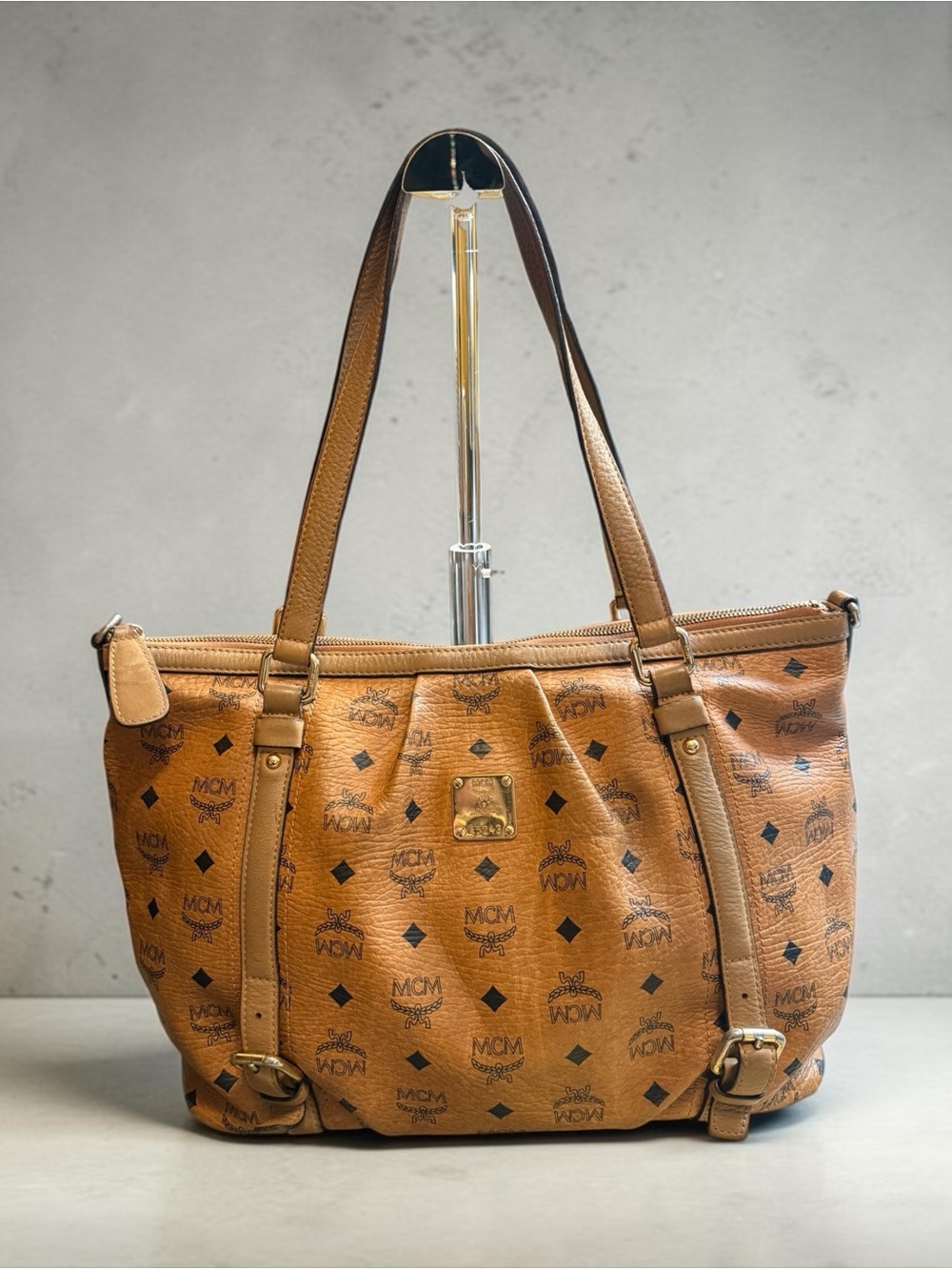 MCM Cognac Visetos Logo Shoulder Tote w/ COA